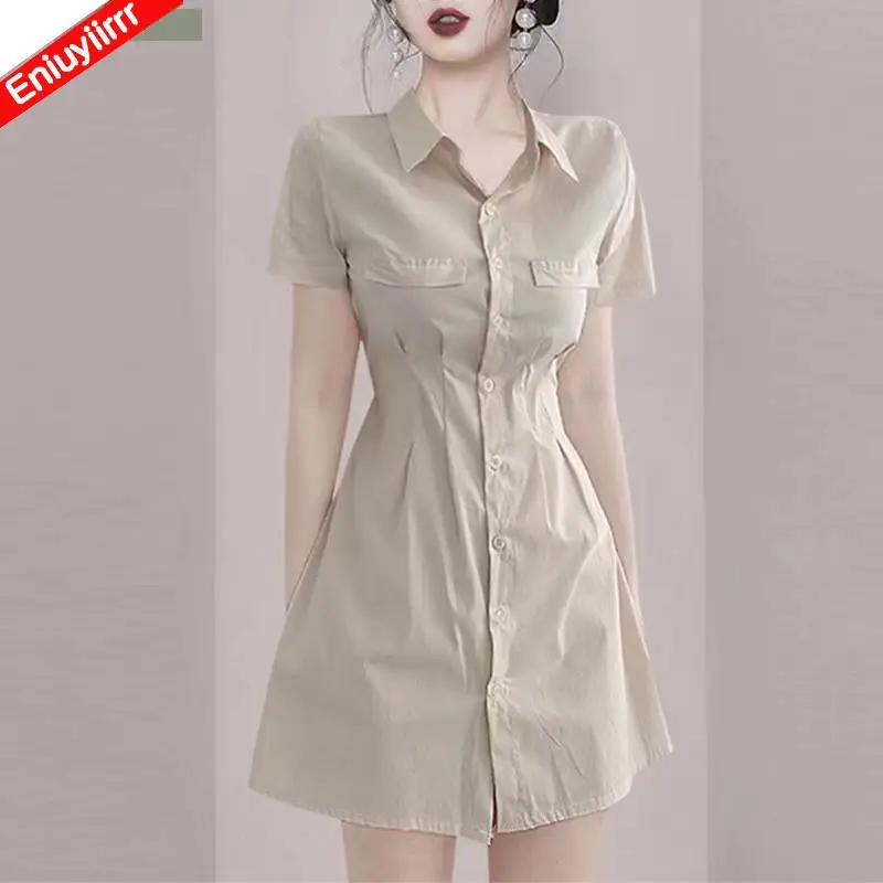 

Office Lady Shirt Dresses Basic Wear New French Design Women Slim Fitted Button Little Mini Dress