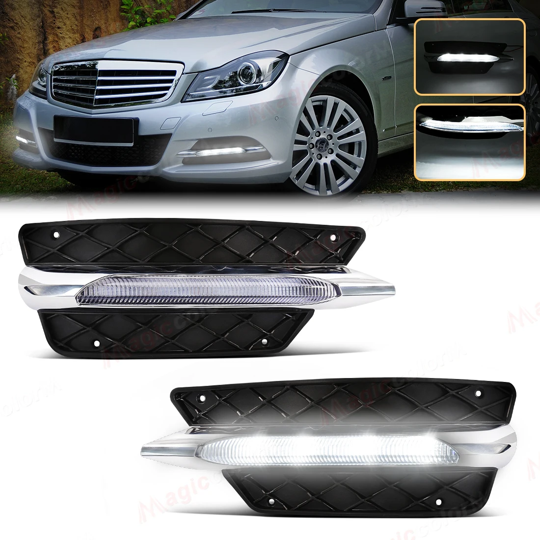 

Для Benz C-Class W204 2011 2012 2013 2014 дневные ходовые огни светодиодные белые фары передние противотуманные фары решетки крышка правая левая 12 В
