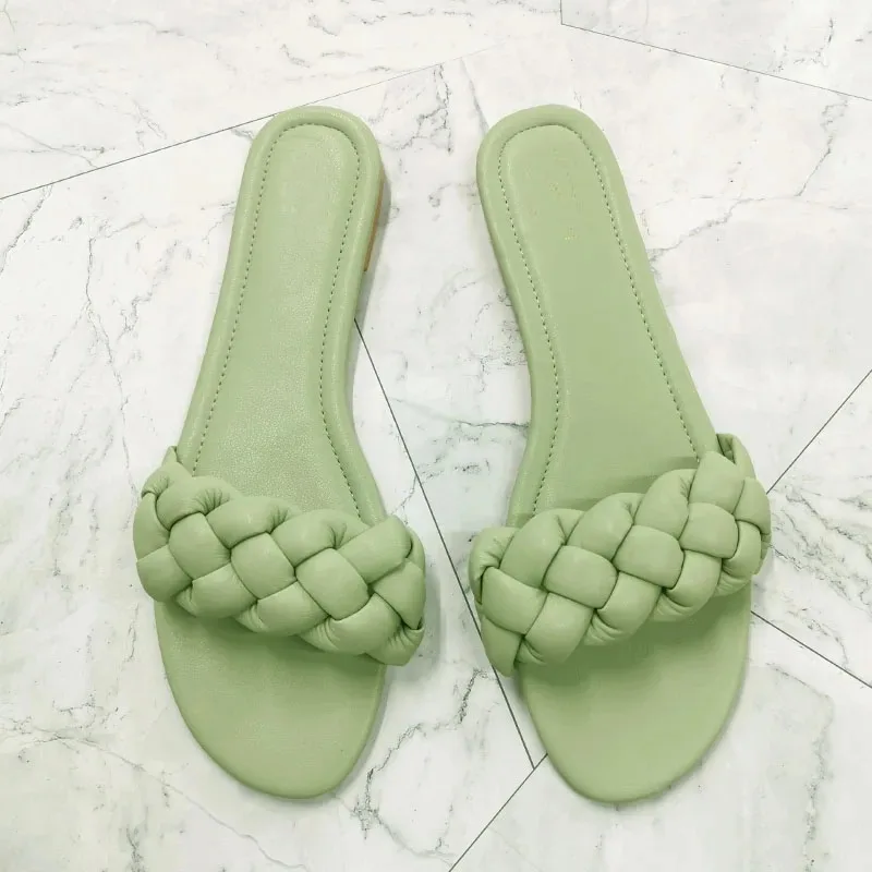 Fashion Open Toe Women Sandals Casual Summer Leather Shoes Woman Slip-on Ladies Slides Beach Solid Weave Modern Flat Sandal