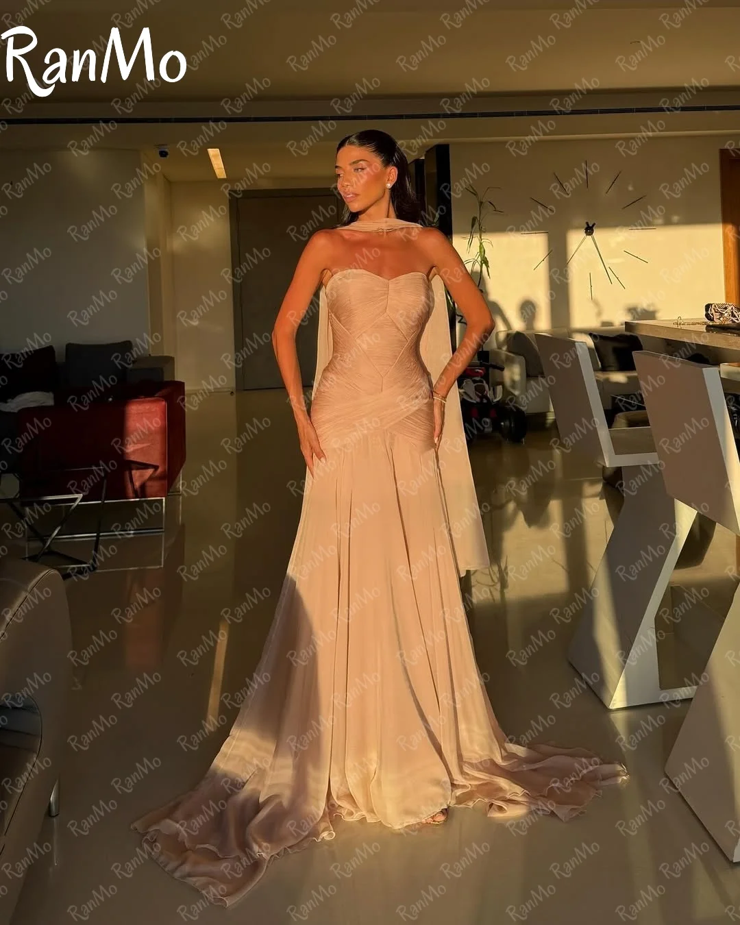Ranmo 2025 새로운 맞춤형 연인 댄스 파티 드레스 인어 민소매 Pleated 스카프 바닥 길이 파티 드레스 이브닝 드레스