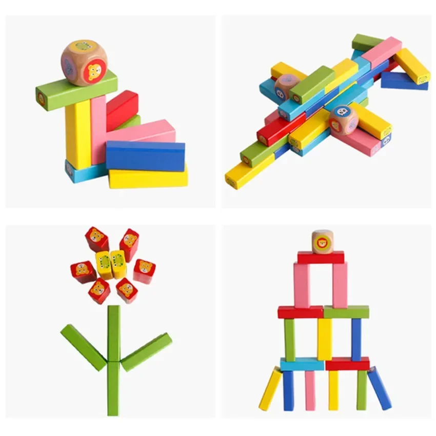 Tower Creative Board Games for Children Baby 54Pcs Wooden Building Blocks Toy Cartoon Animal Colorful Rainbow Domino Stacking