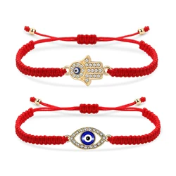 Zinc Alloy Rhinestone Crystal Hamsa Hand Of Fatima Nazar Evil Eye Charm Bracelet Women Red String Macrame Adjustable Jewelry Her