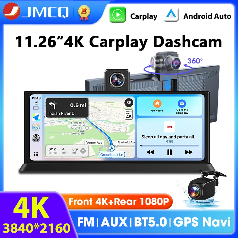 

Portable 11.26" Dashcam 4K Camera Wireless Carplay Android Auto Bluetooth GPS Navigaion Dashboard Video Recorder Car DVR FM AUX