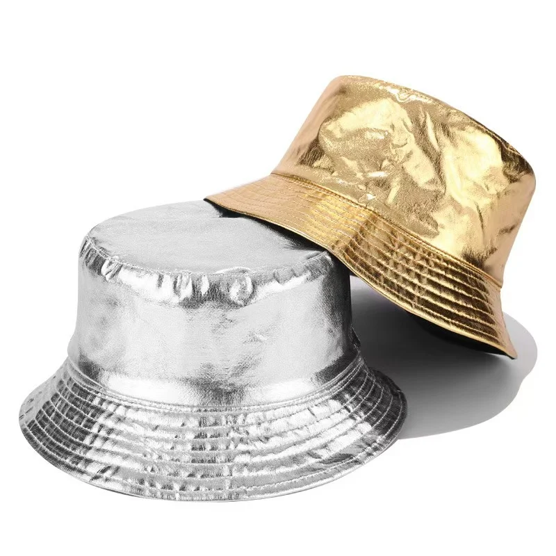 Faux Leather Reversible Bucket Hat Fashion Waterproof Fisherman Hats For Men Women Gold Silver Black Fishing Cap Sun Hat