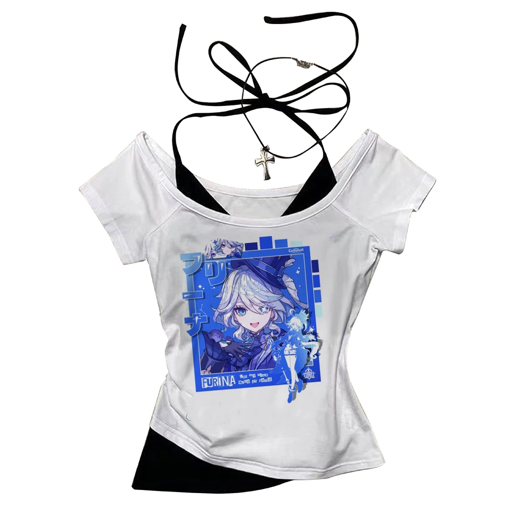 Genshin Impact Furina crop top women emo cute manga clearance sales kawaii t-shirt emo meme grunge cutecore manga