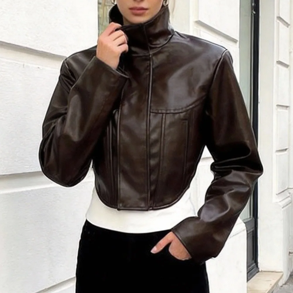 

Новая женская укороченная куртка из искусственной кожи с эффектом утяжки на талии, однотонная, с длинными рукавами, весенняя