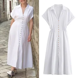 TRAF Casual White Linen Blend Damska sukienka z długim rękawem do kostek Elegancka klasyczna biała długa sukienka damska 2024 Moda letnia