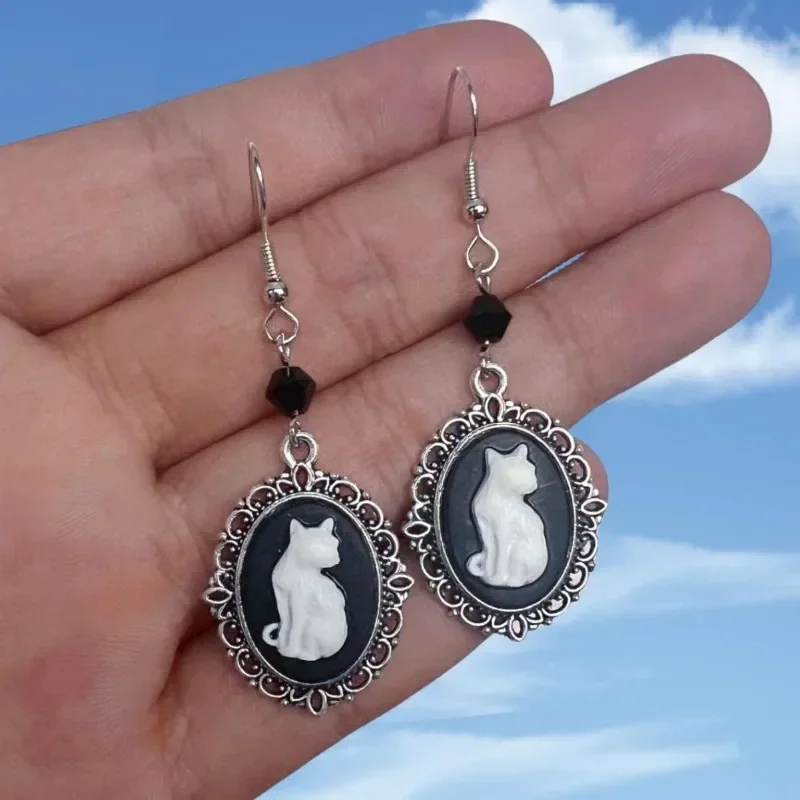 Vintage Gothic White Cat Raven Pattern Drop Earrings Women Punk Silver Color Frame Creative Earrings Party Jewelry Accessories