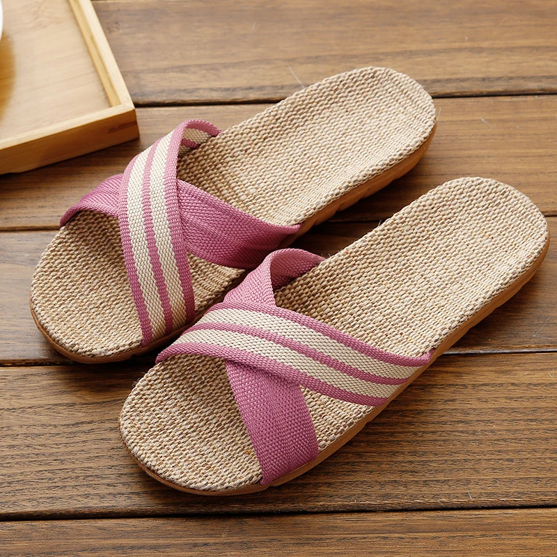 Sandal Linen rumah tangga sol tebal pria dan wanita, sandal rumah dalam ruangan anti selip dan tidak bau kaki musim panas modis santai