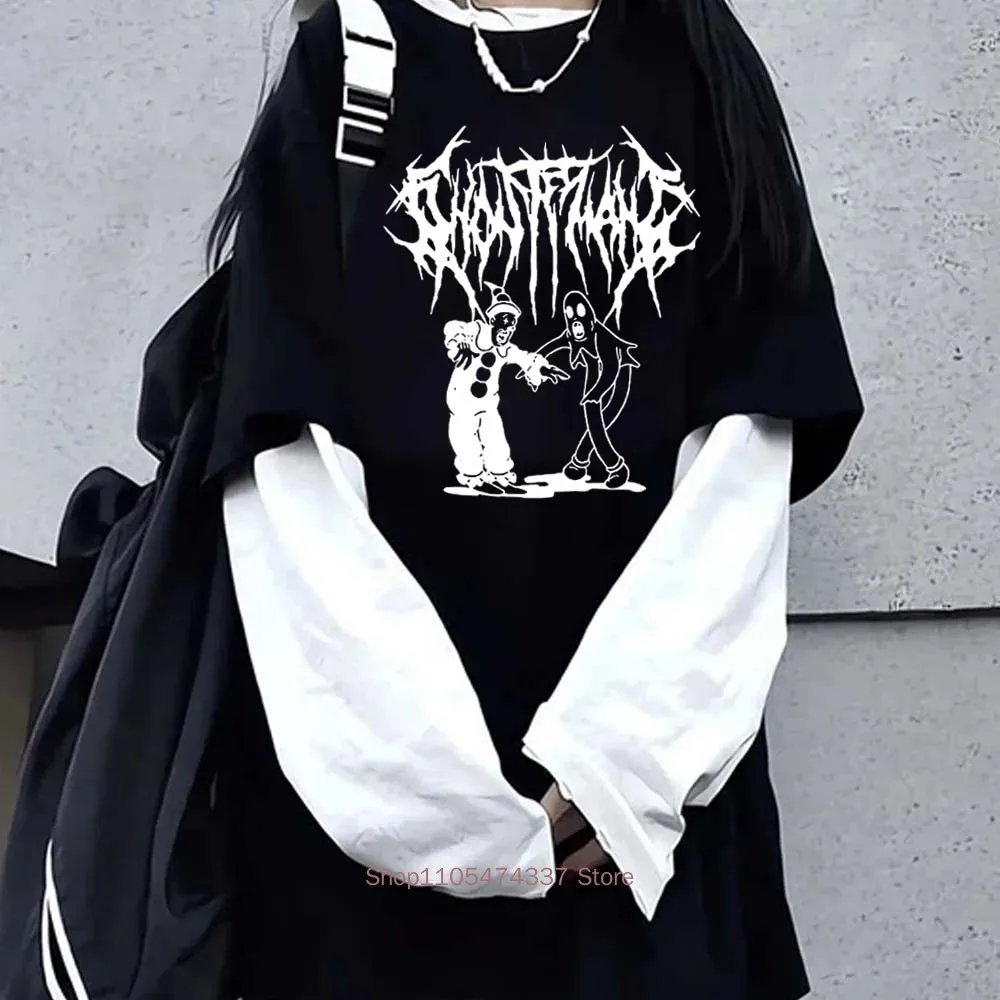 Women Gothic Y2K Pattern Print Fake Two Long Sleeved T-shirts Fashion Retro Casual Loose Hip Hop Fake Two Long Sleeved T Shirt