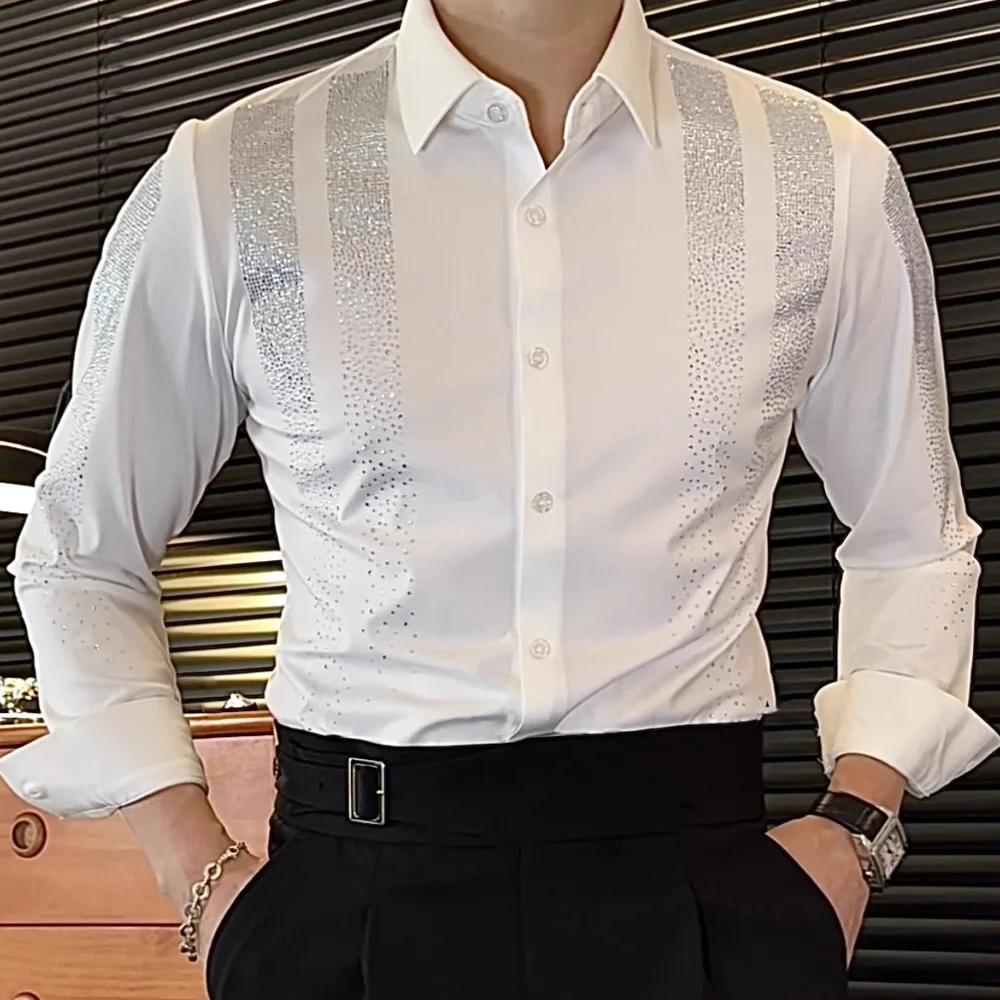 

Trend Fashion Versatile Hot Diamond Flash Fire Drilling Shirt Camisas De Hombre High Quality Luxury Rhinestones Shirt For Men