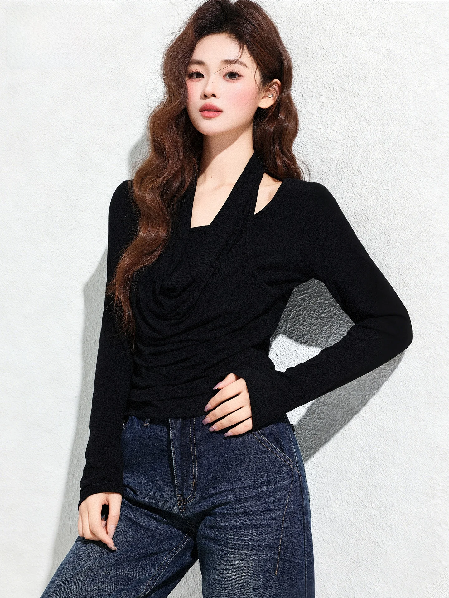 

Black Neck Hanging Long Sleeve Slim Fit T-Shirt Women's New 2026 Summer Design Base Top Knitted Regular Length Pure Color
