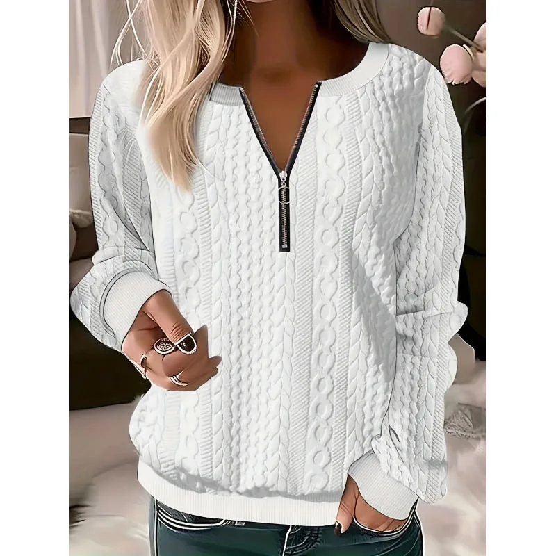 2023 New Autumn Fashion Solid Color Zipper V-Neck Loose Long Sleeve Temperament Commuter Women\'s Casual and Unique Sweater