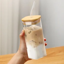 350ml Square Coffee Glass Cup With Lid and Straw Heat Resistant Ice Coffee Mug Breakfast Milk Cup Transparent Beer Cup Drinkware