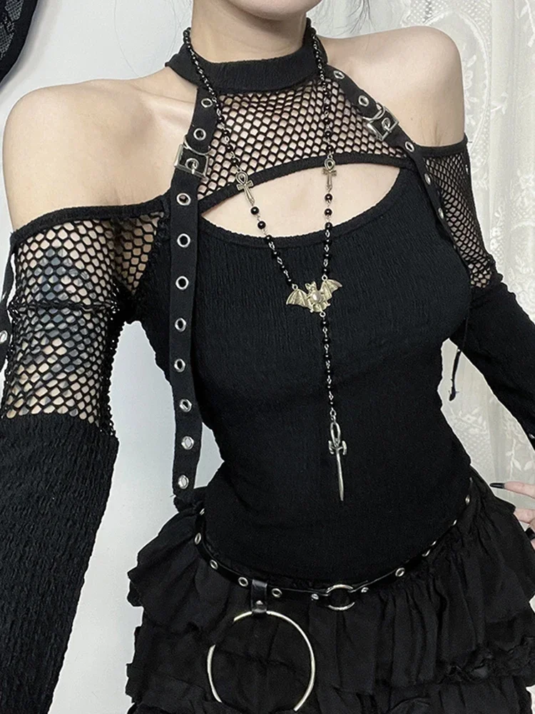 AltGoth Mall Gothic Sexy t-shirt donna Streetwear Harajuku Y2k E-girl Mesh Patchwork scava fuori manica lunga Halter Crop Tee Tops