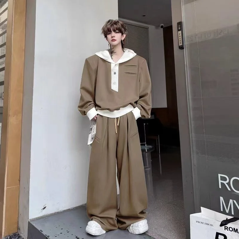 

Autumn Winter Large Size 250 Pou Color Blo Splice Hat Suede Sweatirt Set Men's Wide Leg Pants High End Two Piece Set