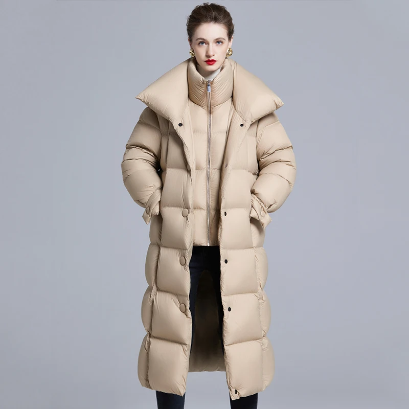 معطف منتفخ طويل جدًا للنساء مع ياقة كبيرة الحجم، سترة شتوية مبطنة باللون البيج، أناقة دافئة وبسيطة