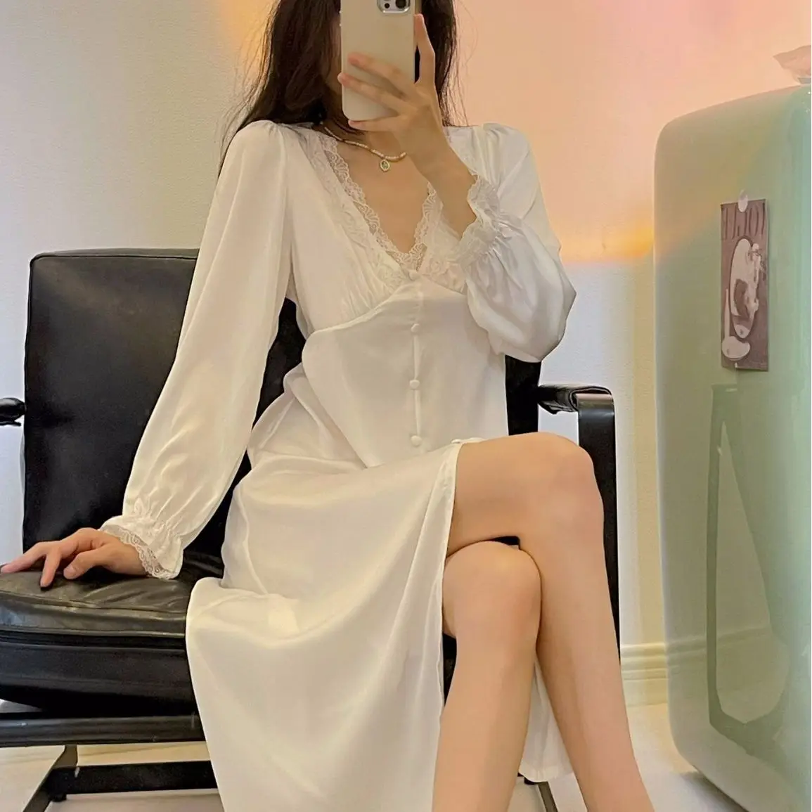 Long Sleeve Lace Sleepwea Silk Satin Nightgown Lady Elegant Homewear Fairy Princess Style Nightwear V-Neck Nightdress Loungewear