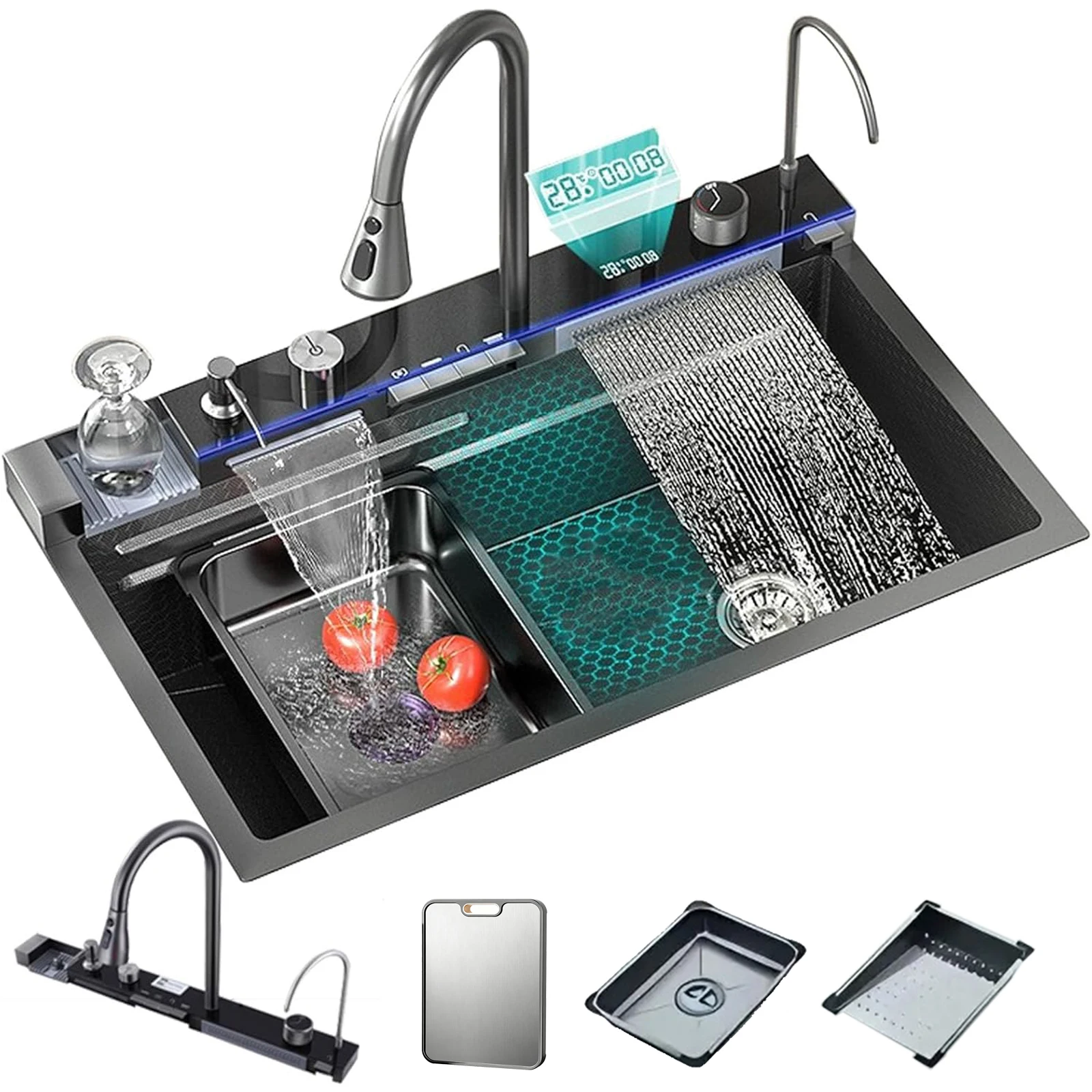 Évier de cuisine cascade à affichage numérique avec robinet extractible Combo - Évier cascade intelligent 75x45 cm Cuve simple en nid d'abeille