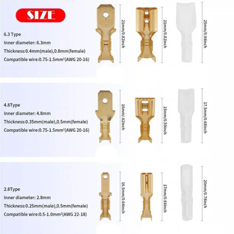 Caja aislada conector de cable macho hembra 2,8/4,8/6,3mm terminales de engarzado eléctrico Termin Spade conectores Kit surtido