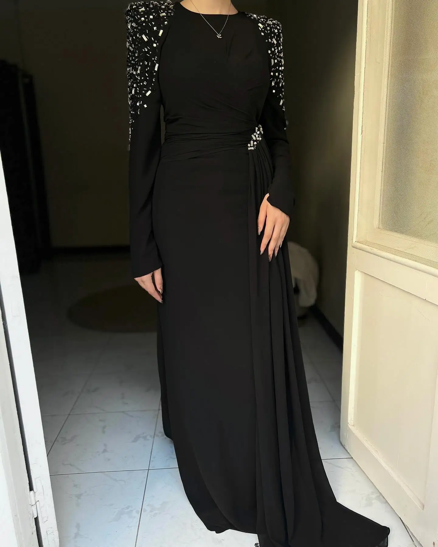 Adeli Elegant Black Muslim Prom Gown Women's O Neck Beaded Party Evening Dress Floor Length Special Occasion Dresses customized