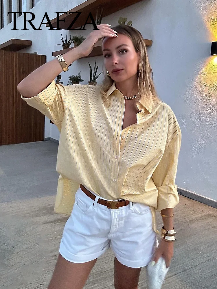 TRAFZA Women 2024 New Fashion Summer Yellow Striped Single Breasted Shirts Women\'s Casual Loose Lapel Long Sleeved Tops TRAF