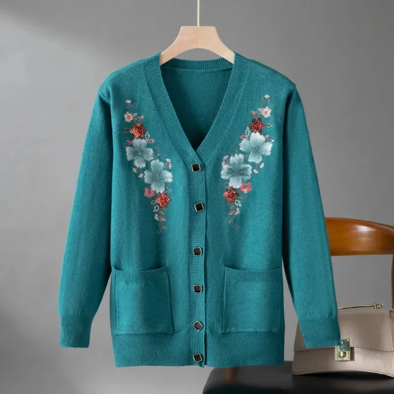 Middle Aged And Elderly Clothing knitted Sweater Cardigan Stylish Mom Spring And Autumn Coat Enlarged Embroidered V-Neck Loose T