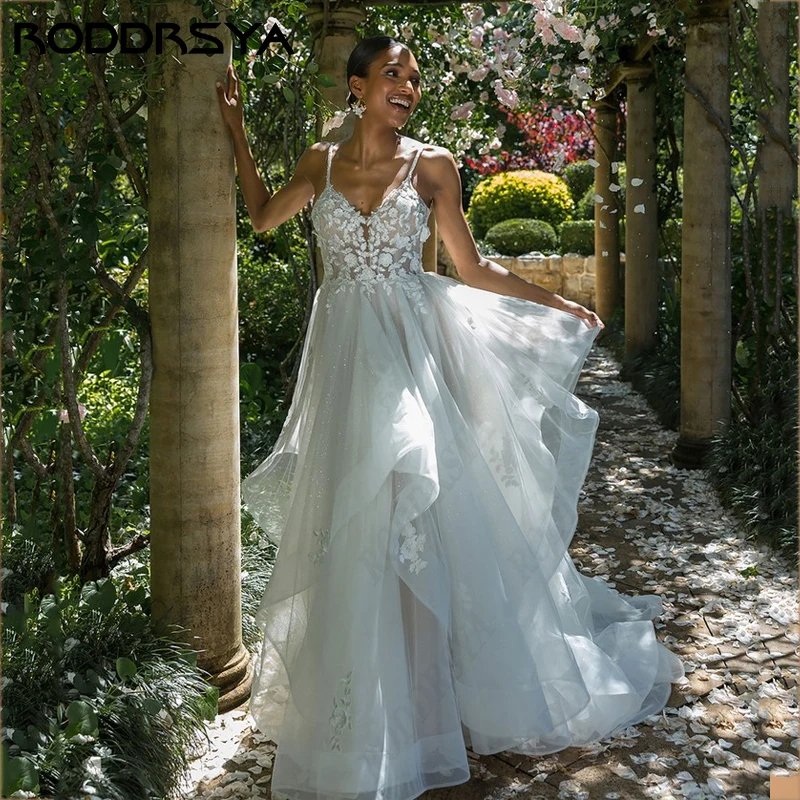 RODDRSYA-Vestido De Novia elegante con tirantes finos, Vestido De Novia Sexy De encaje con cuello en V, Espalda descubierta, tul romántico, línea A, fiesta De NoviaVestido De Novia elegante con tirantes finos, Vestido