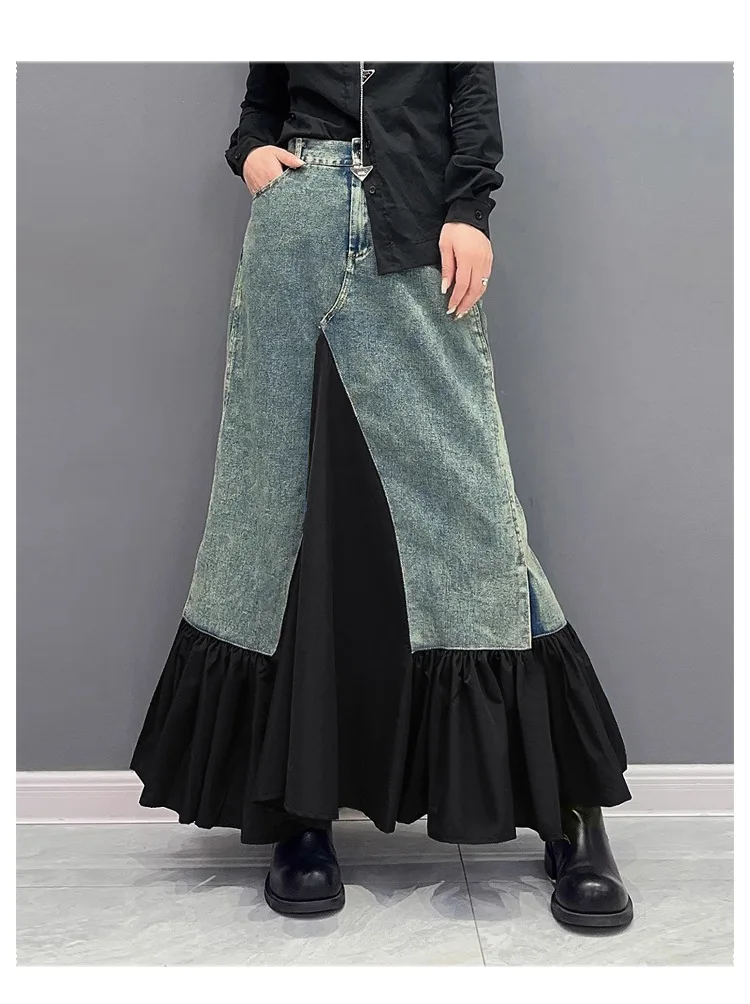 Y2k Langer Rock für Damen, Patchwork, Denim, Faltenröcke, unregelmäßig, A-Linie, Taschen, Vintage, Distressed, gewaschen, weiblich, 2025, Streetwear