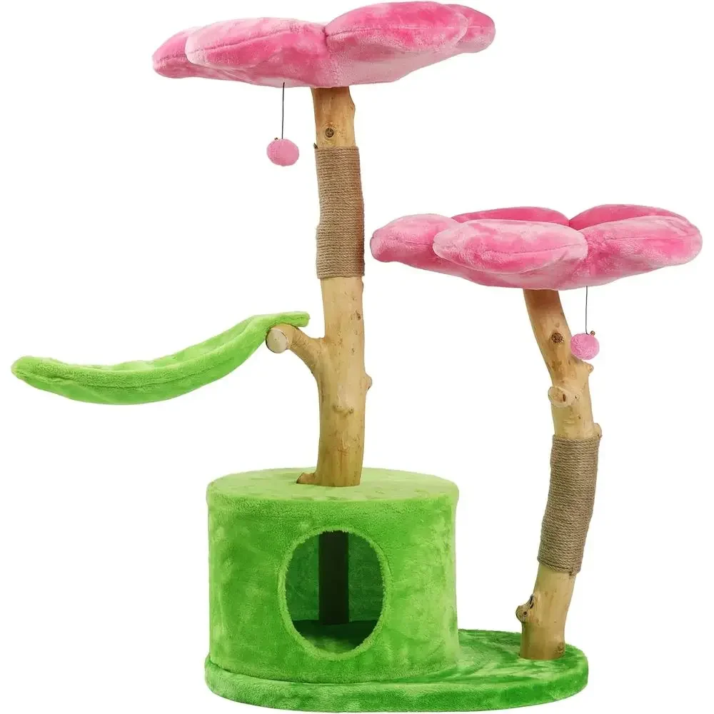 

Wooden Cat Tower with Luxury Condo, House, and Azalea Tree