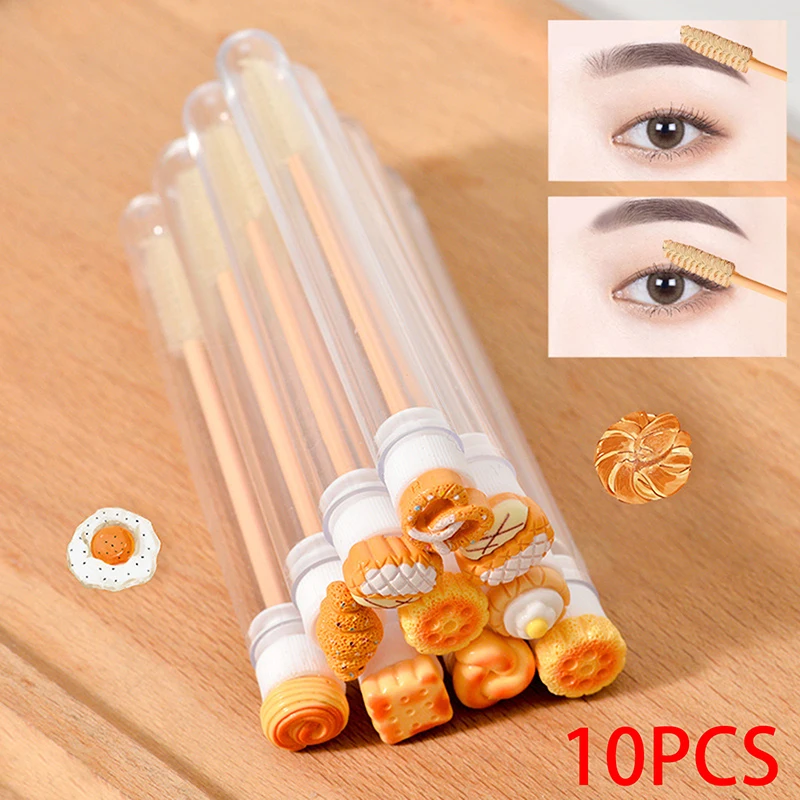 10 Uds. Tubo de cepillo de pestañas con mango de pan de dibujos animados extensión de pestañas cepillo de maquillaje peine de cejas a prueba de polvo herramientas de belleza