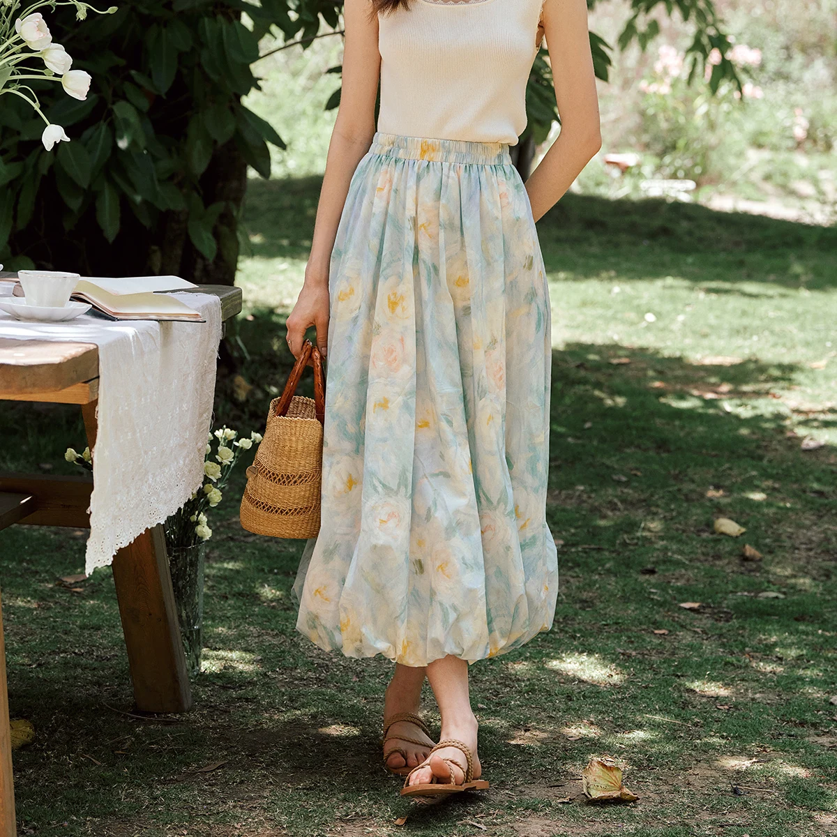 OLrain French Floral Printed Skirts for Woman 2025 Summer Elastic Waist Casual Blooming Midi Skirt Female Clothing O57XB99928