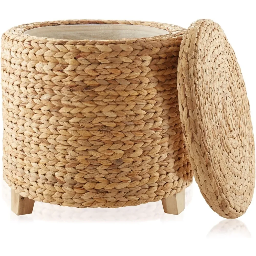 

17" Round Storage with Lid - Natural, Handwoven Water Hyacinth Footstool for Living Room, Bedroom, Bathroom