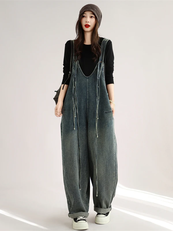 Loose Women's Denim Overalls Casual Vintage Large Size Blue Jeans Fabric Comfortable Fit Natural Waist Polyester Fiber