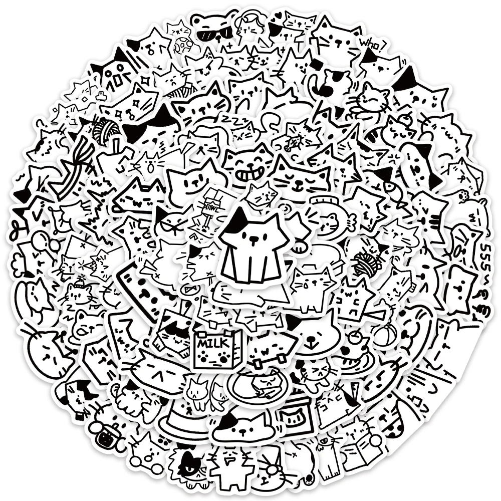 110PCS Cartoon Cute Sketch of a Cat Sticker for Funny Label Decals Crafts for Laptop Guitar Skateboard Home Decor School Rewards
