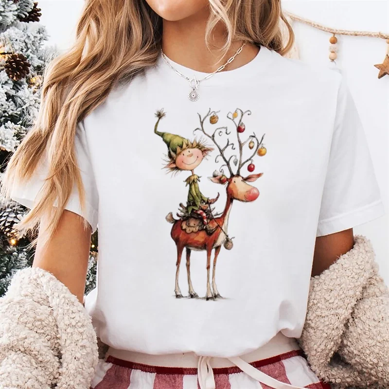 

Милый модный узор с Рождеством и Новым годом, женский топ с круглым вырезом, футболка с короткими рукавами и принтом, уличная универсальная забавная футболка
