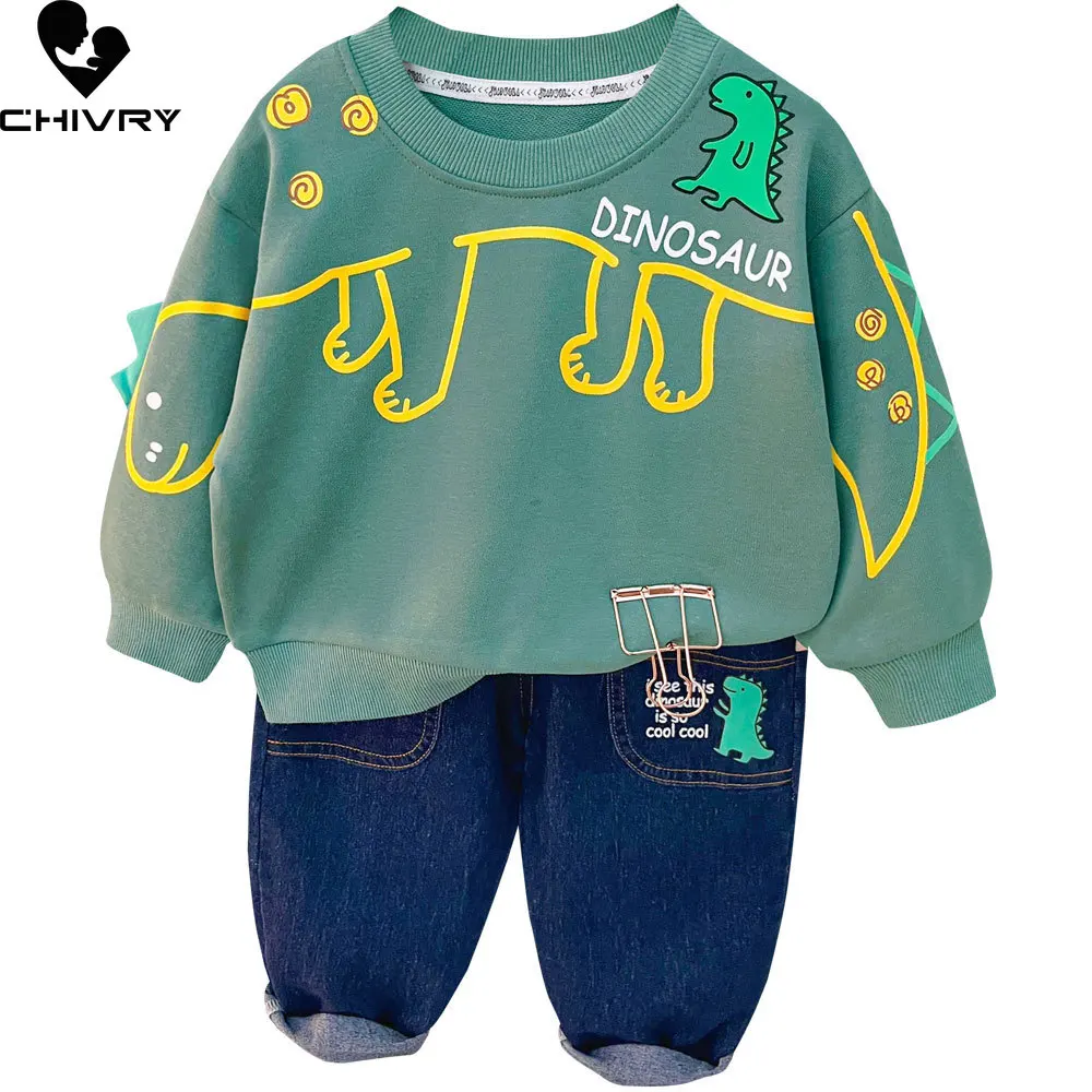 

New 2023 Kids Baby Autumn Cute Cartoon Dinosaur Pullover Sweatshirt Sports Tops with Denim Pants Boys Fashion Clothing Sets