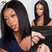 UNice Hair Drawstring Cap Yaki Straight Bob Wig 7x5 Pre Cut Pre Bleached Glueless Wig Human Hair Lace Closure Wig 150% Density