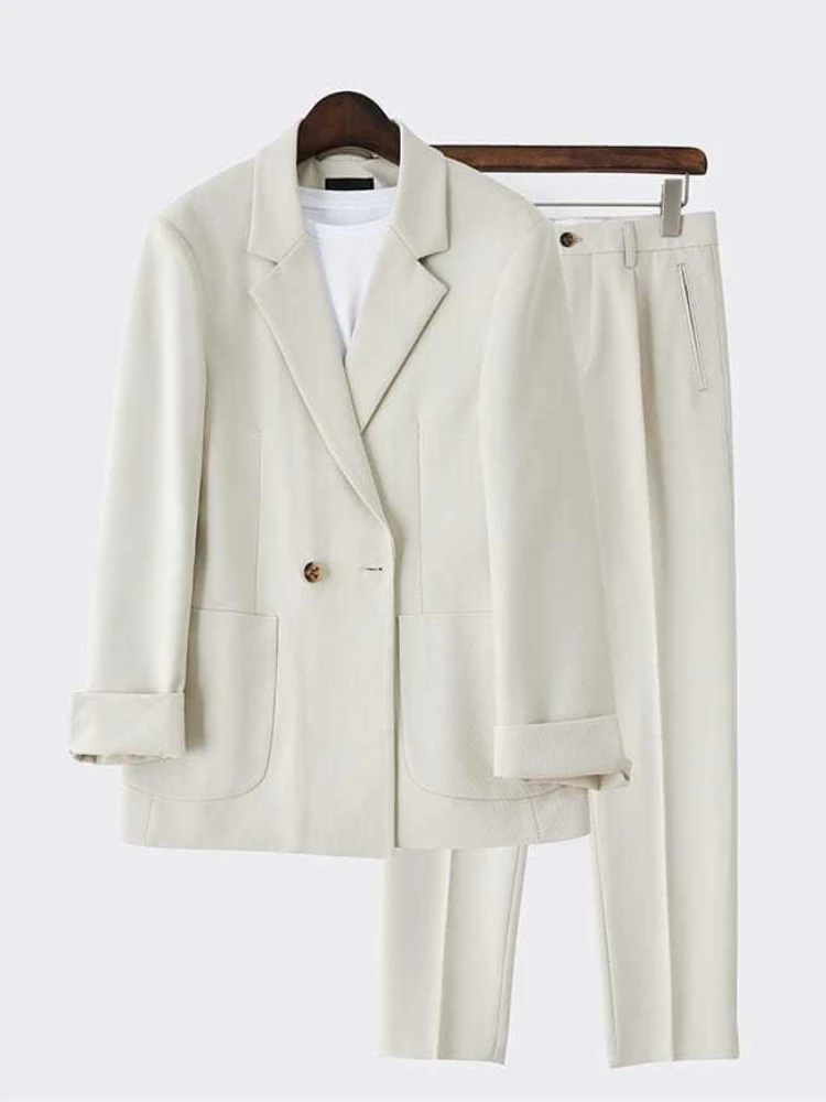 Men's Korean Style Loose Fit Blazer Suit Set Casual Light Mature Business Outfit with Drape Fabric Edgy Autumn Sport Coat