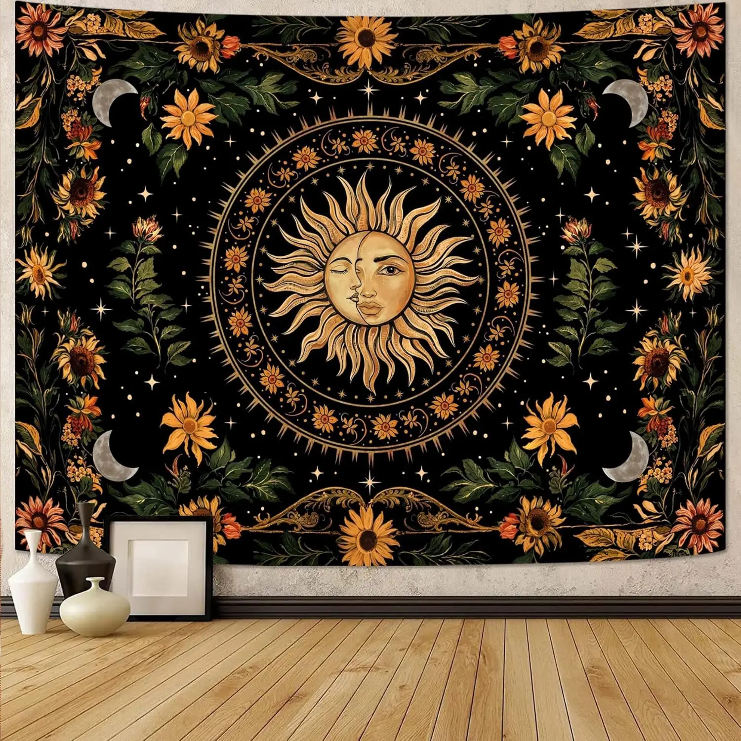 Sun and Moon Tapestry,Vintage Boho Sunflower Wall Decor, Aesthetic Tapestries for Bedroom Living Room,Mystic Floral Black Orange