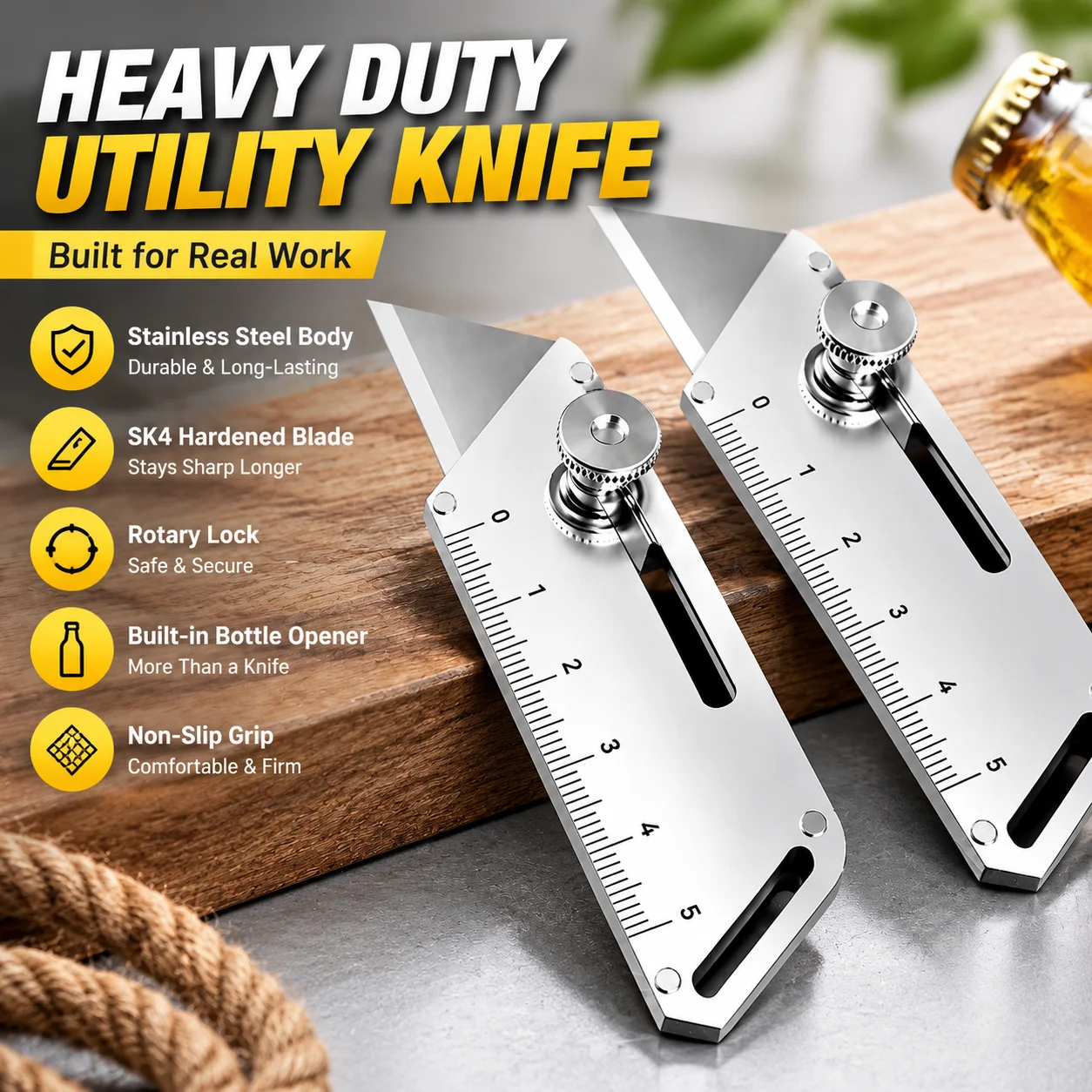 Heavy Duty All-Steel Utility Knife, Stainless Steel Body, SK4 Hardened Blade, Rotary Lock, Built-in Bottle Opener, Non-Slip