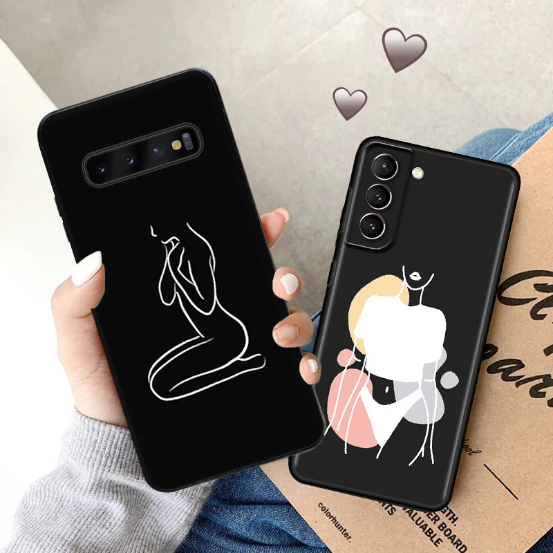 Soft Case for Samsung S24 Plus S23 S22 S21 Ultra S20 fe S10 S10e Perfect Curve Flower Sexy Girl Line Art Black Phone Cases Cover