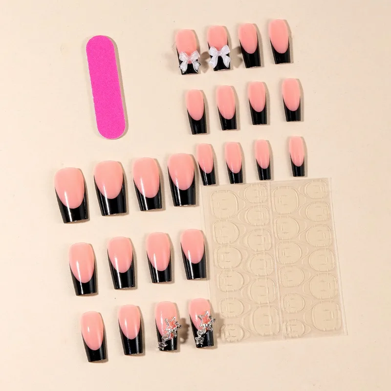 24pcs Summer Long Presss on Nails Cheap Minimalist Press Nails Glossy 3d Bow Decorated False Nail Removable Solid Black French view 2