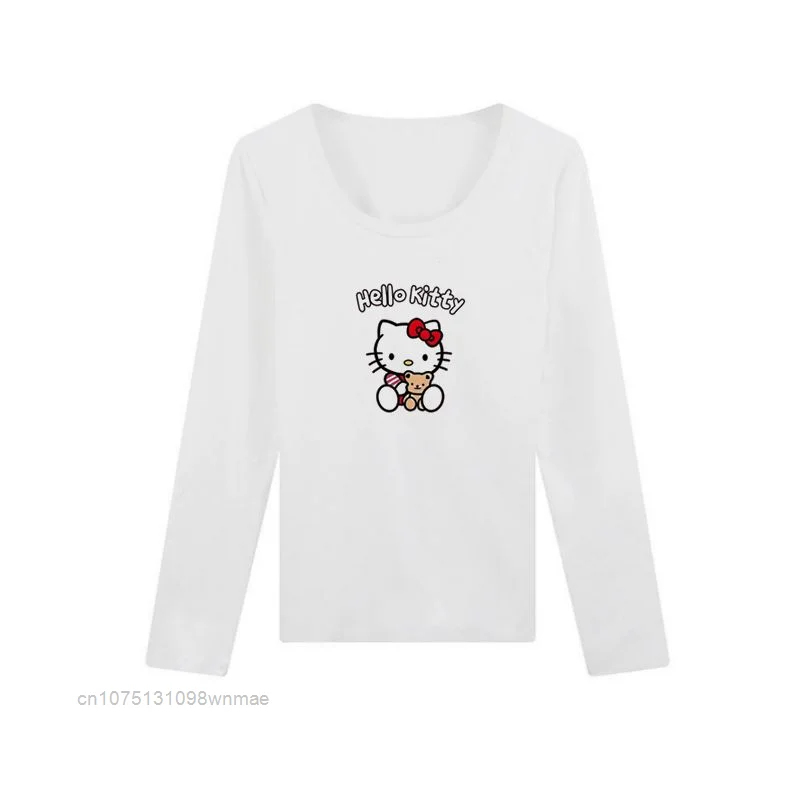 Sanrio Hello Kitty Long Sleeved T-shirt for Women, Cute Cartoon Tops, Keep Warm in Autumn and Winter Clothes