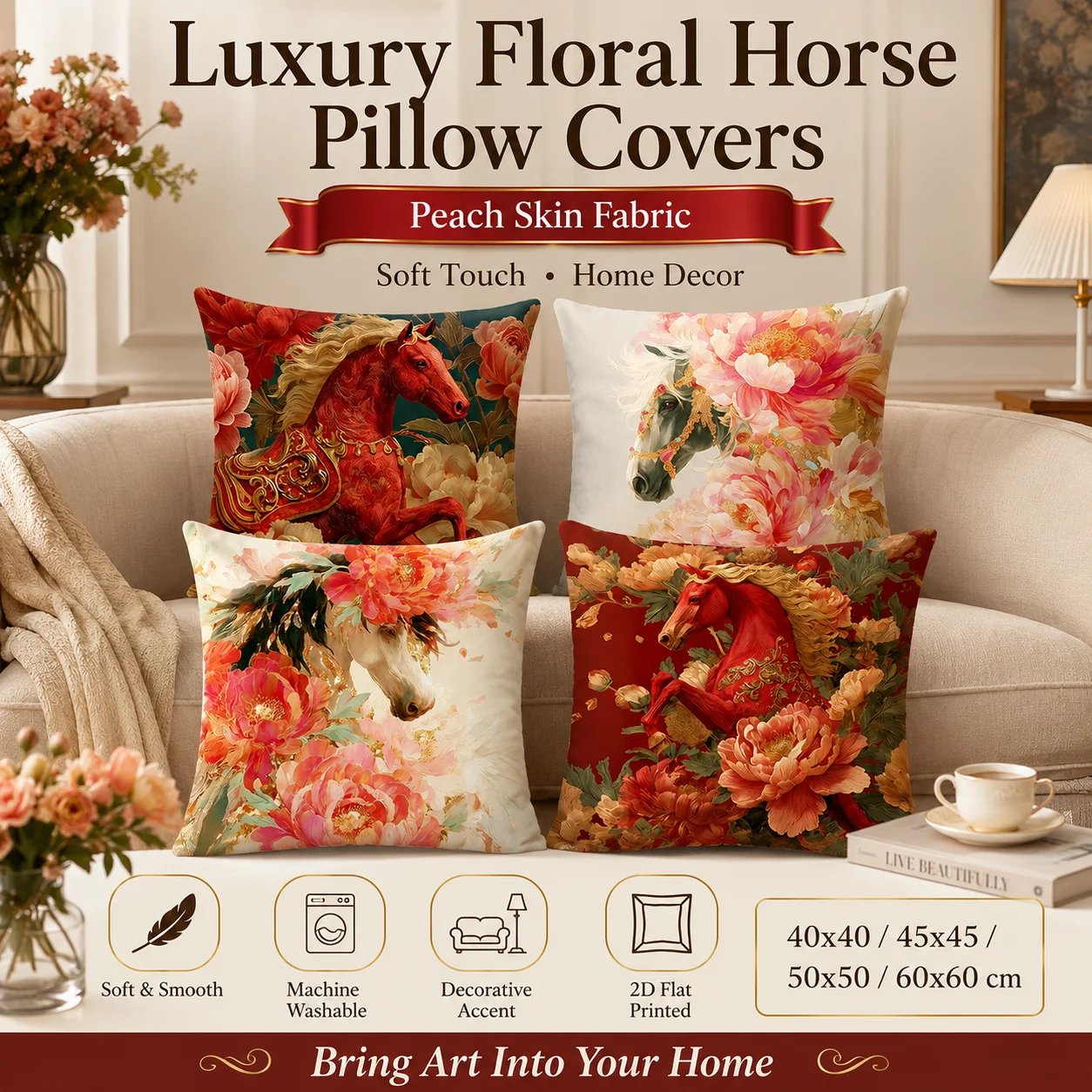 

Peach Skin Floral Horse Pillowcase 2D Flat Printed Luxury Animal Art Pillow Cover for Sofa Bed Living Room Home Decor Aesthetic