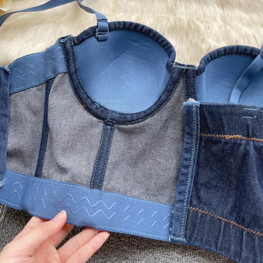 Foamlina Vintage Denim Corsetto Bustier Top Donna Moda Estate Blu Cinghia regolabile Senza maniche Slim Sexy Club Cropped Camis Top