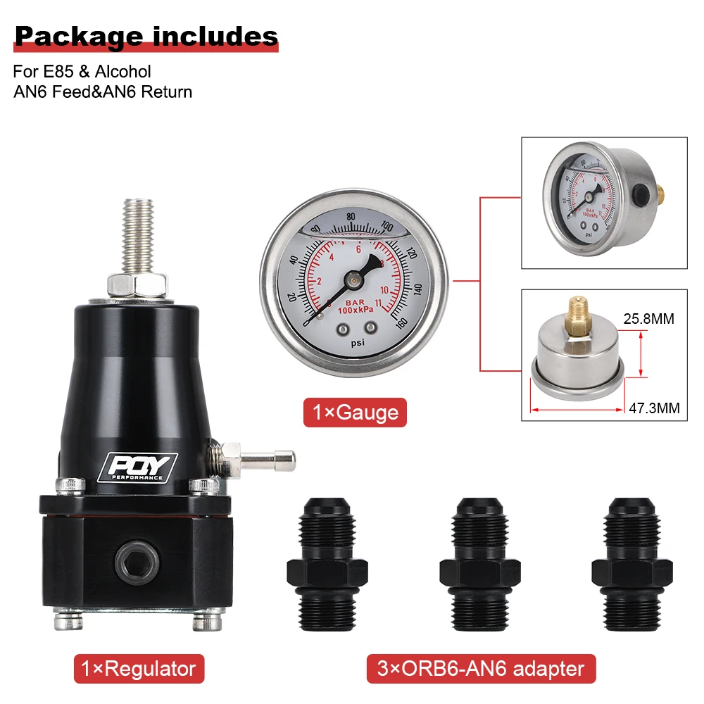 WLR - Universal Black Fuel Pressure Regulator With White Oil Gauge 3 Pieces AN6 Fittings 30-70 PSI WLR7845