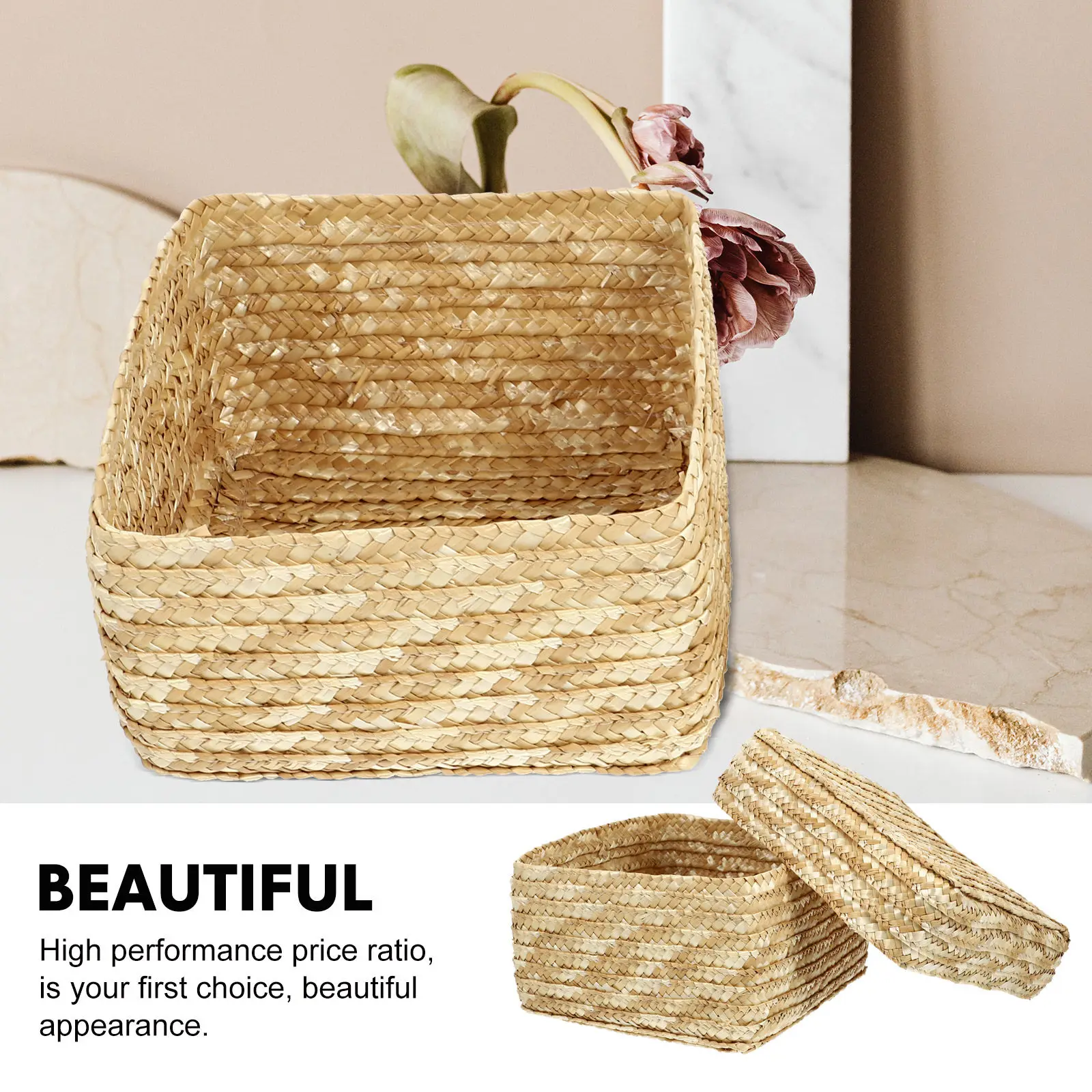 1Pcs Handmade Woven Straw Basket Natural Texture Storage Bin for Makeup Accessories Letters Snack Plants Home Office Balcony