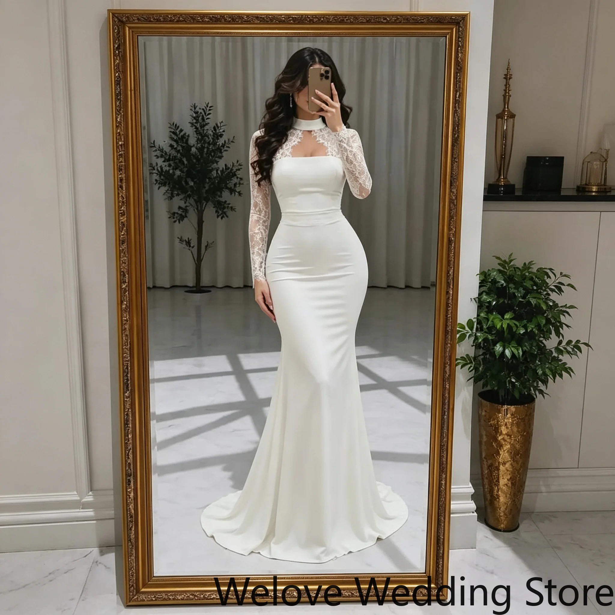 Wedding Dress Long Lace Sleeves Square Chest Cutout Fitted Bodice Flowy Mermaid Skirt With Small Train Elegant Bridal Gown