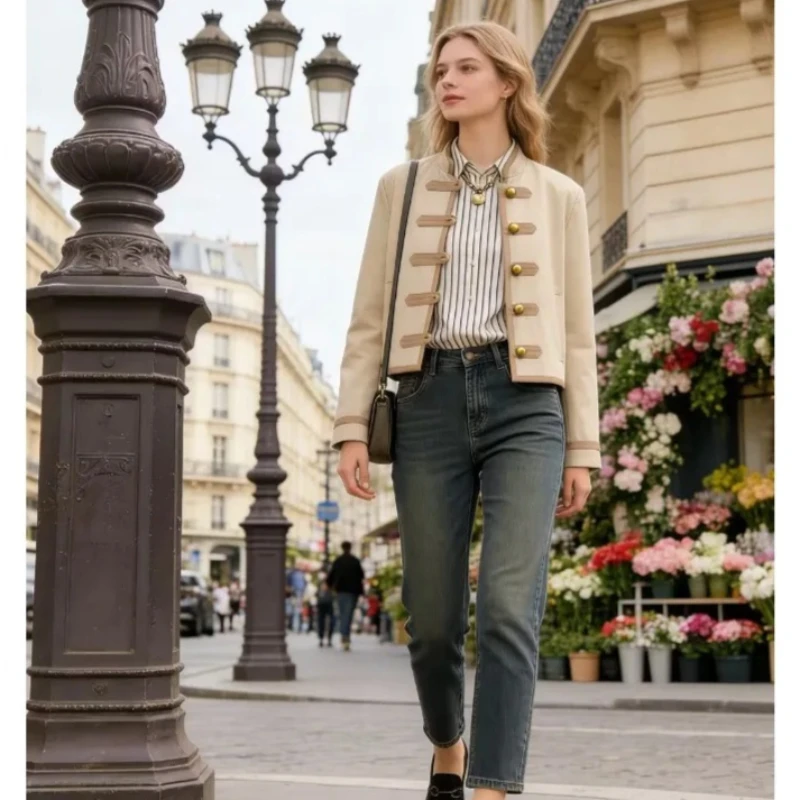 Cross-border Women's Clothing Street Fashion Retro Button-down Semi-high Neck Suit Jacket Winter New Products European American